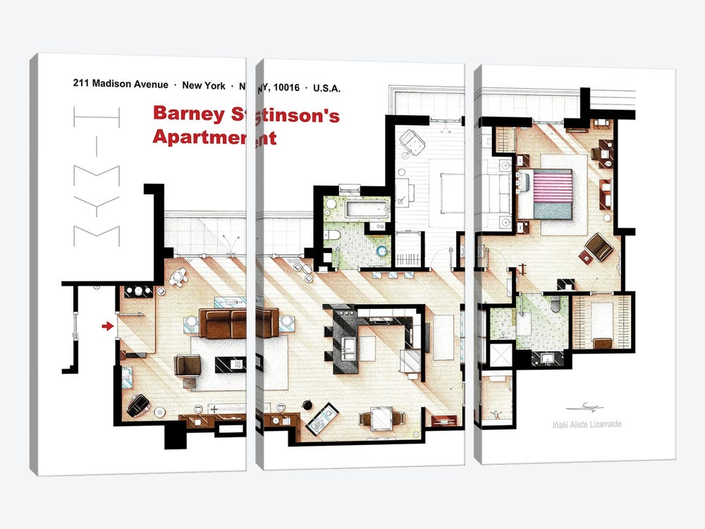 Barney Stinson's apartment from HIMYM by TV Floorplans & More 3-piece Art Print