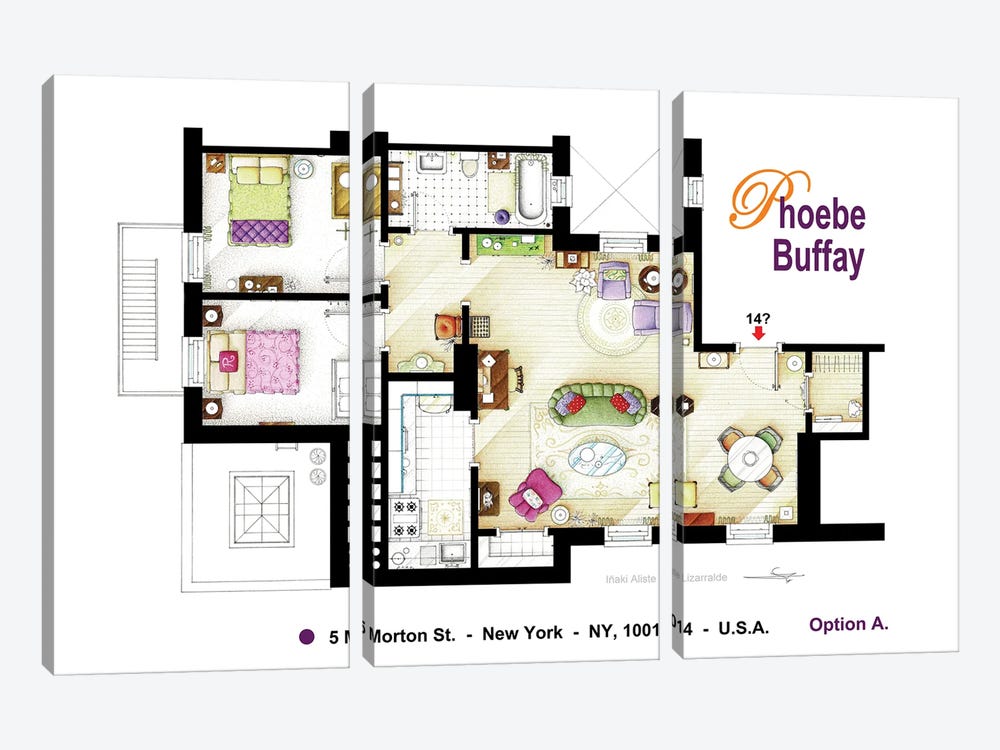 Floorplan Of Phoebe's Apartment From Friends by TV Floorplans & More 3-piece Canvas Art