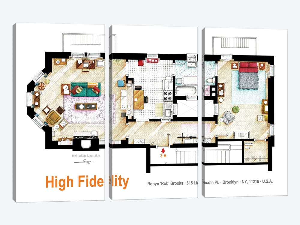 Floorplan Of Robyn's Apartment From High Fidelity by TV Floorplans & More 3-piece Canvas Print