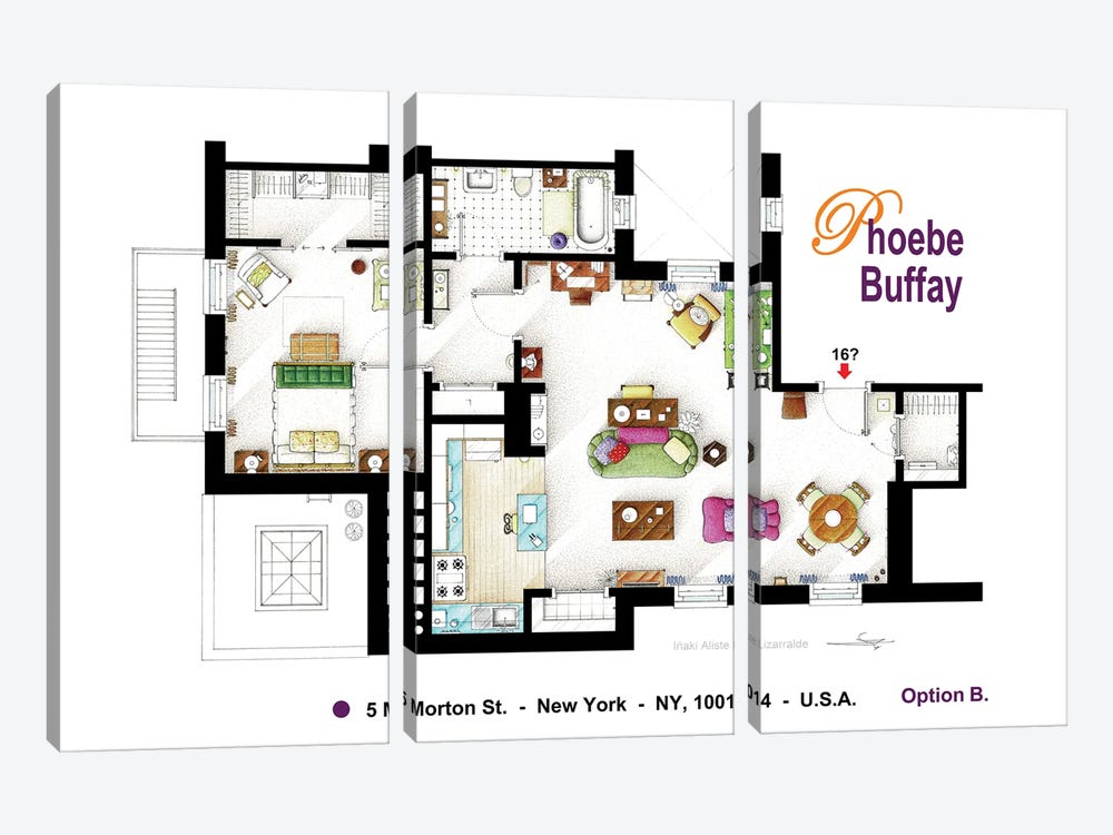 Floorplan Of Phoebe's New Apartment From Friends by TV Floorplans & More 3-piece Canvas Art