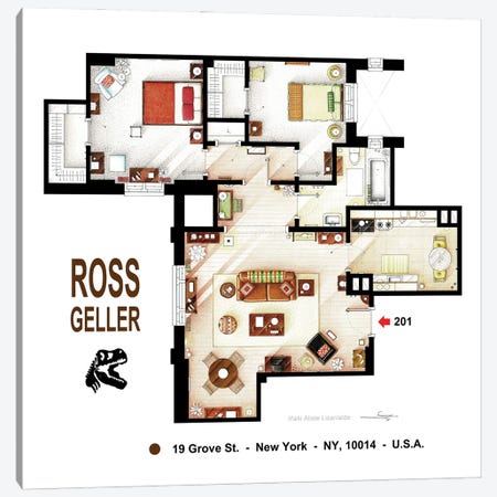 Floorplan Of Ross's Apartment From Friends Canvas Print #TVF94} by TV Floorplans & More Canvas Art