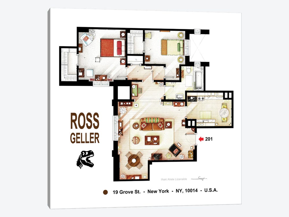 Floorplan Of Ross's Apartment From Friends by TV Floorplans & More 1-piece Art Print