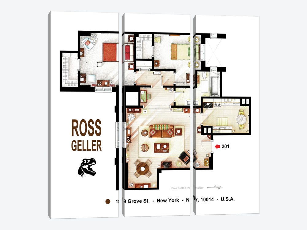 Floorplan Of Ross's Apartment From Friends by TV Floorplans & More 3-piece Art Print