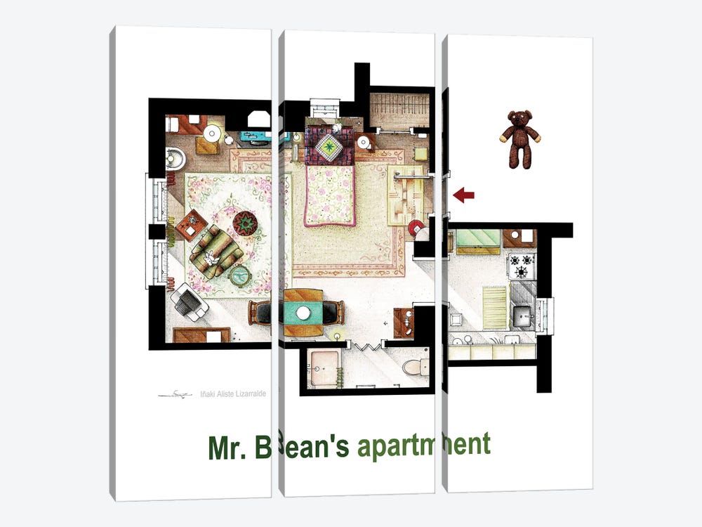Floorplan Of Mr. Bean's Apartment by TV Floorplans & More 3-piece Canvas Wall Art