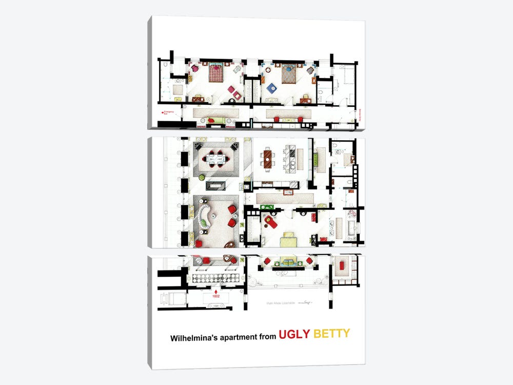 Floorplan Of Wilhelmina Slater's Apartment From Ugly Betty by TV Floorplans & More 3-piece Canvas Art