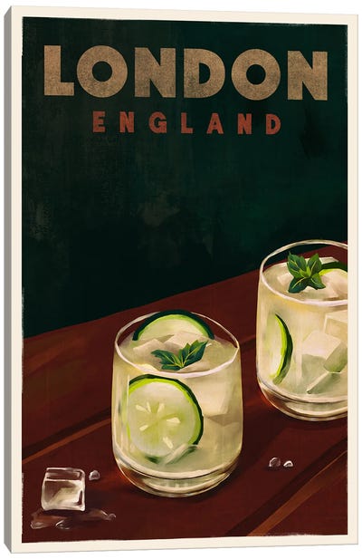 London Cocktail Travel Poster Canvas Art Print - Herb Art