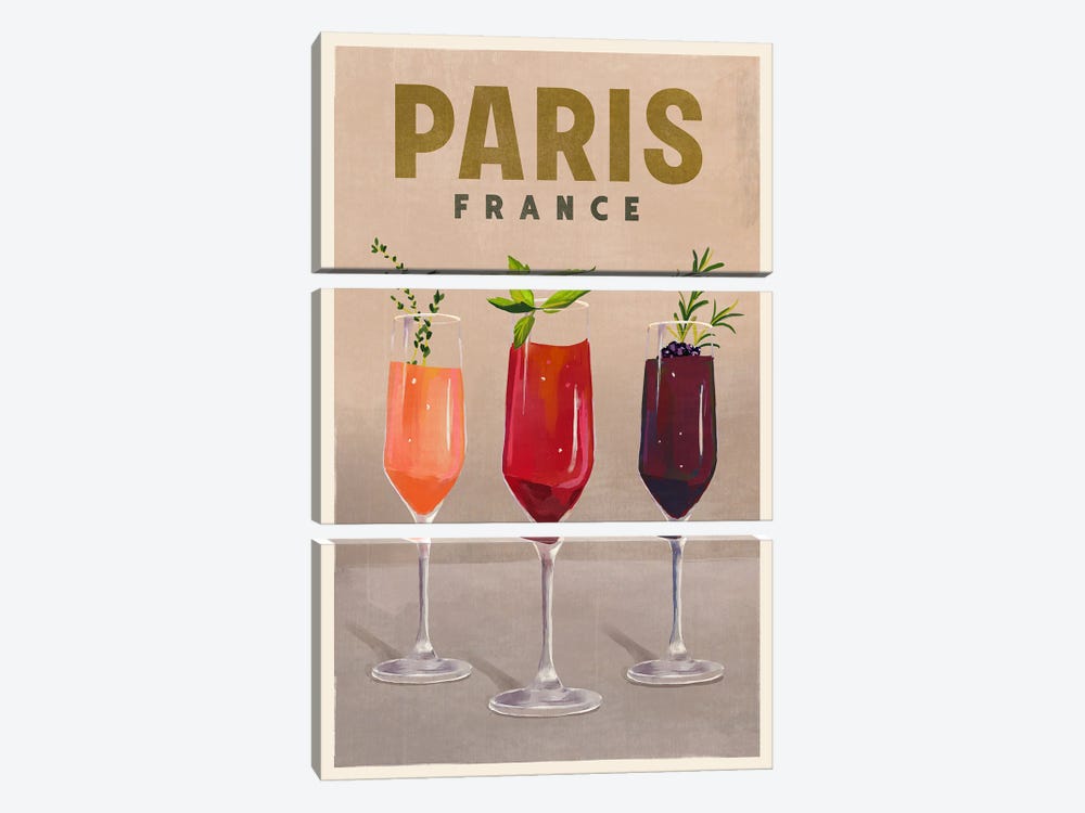 Paris Cocktail Travel Poster by The Whiskey Ginger 3-piece Canvas Wall Art