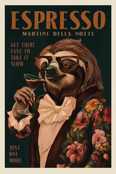 Fine Art Print: Art Deco Espresso Martini Drinking Sloth by The Whiskey Ginger