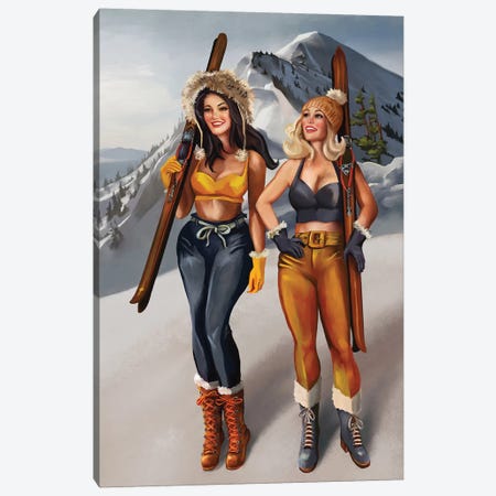 Apres Ski Navy Gold Ski Girls Canvas Print #TWG8} by The Whiskey Ginger Canvas Art Print