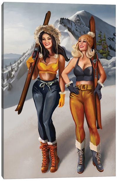 Apres Ski Navy Gold Ski Girls Canvas Art Print - The Whiskey Ginger