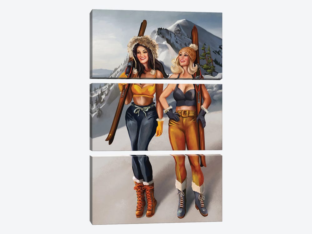 Apres Ski Navy Gold Ski Girls by The Whiskey Ginger 3-piece Canvas Art