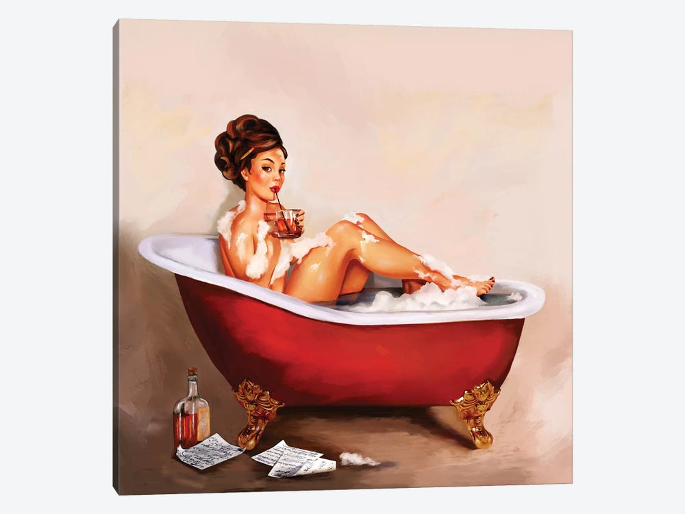 Whiskey Neat Bath Pinup by The Whiskey Ginger 1-piece Canvas Wall Art