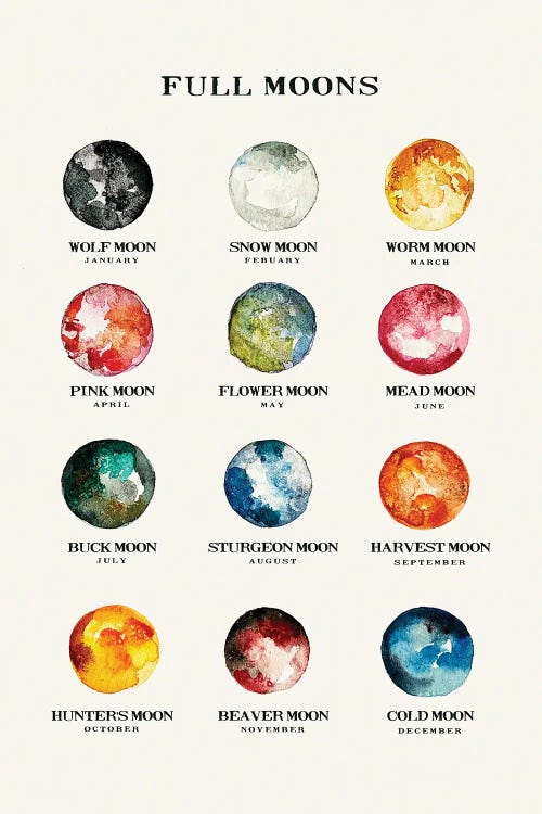 Full Moons Chart Watercolor by The Whiskey Ginger wall art