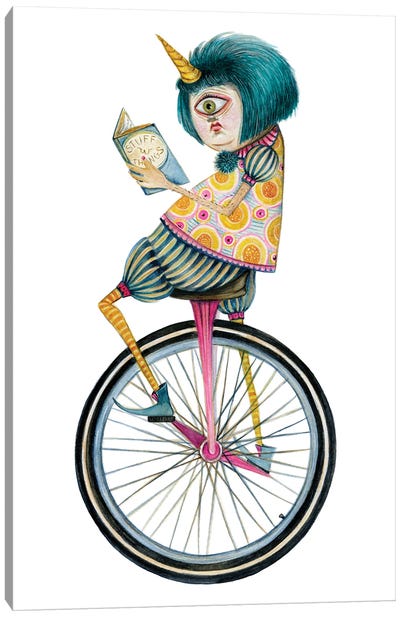 Cyclops On A Unicycle Reading About Stuff & Things Canvas Art Print - Monster Art