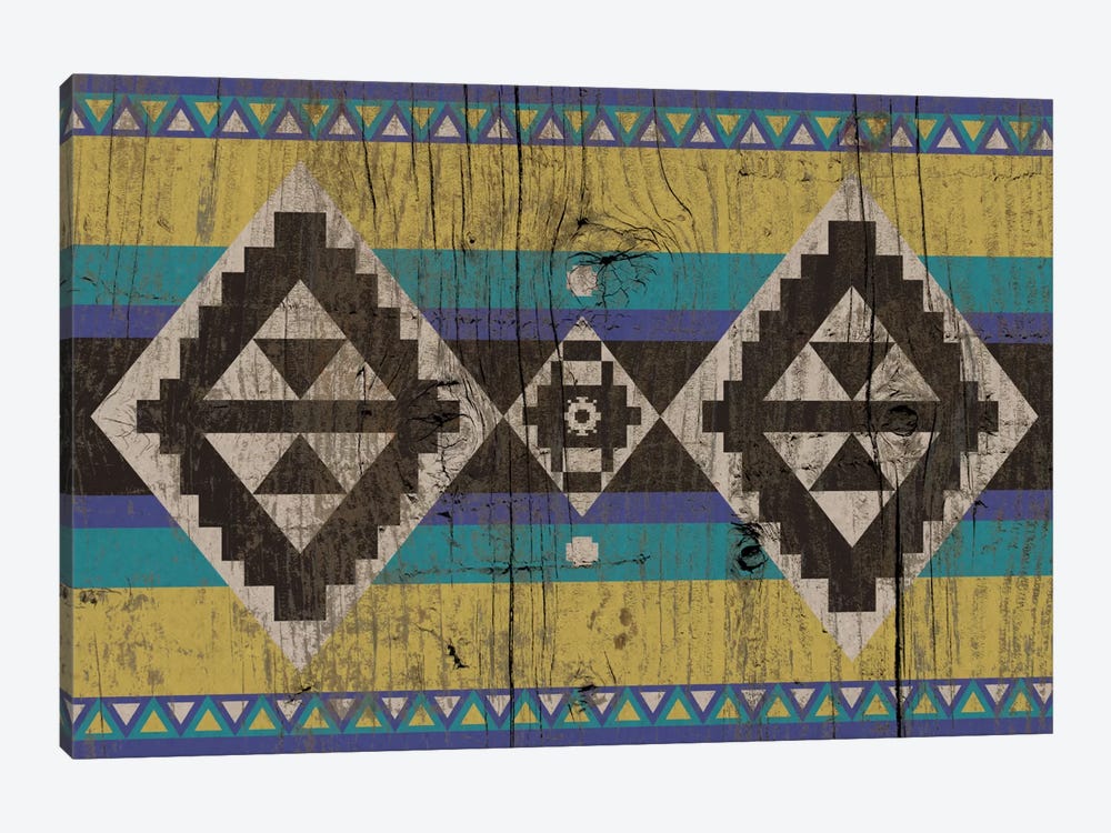 Blue & Yellow Tribal Pattern on Wood by 5by5collective 1-piece Canvas Artwork