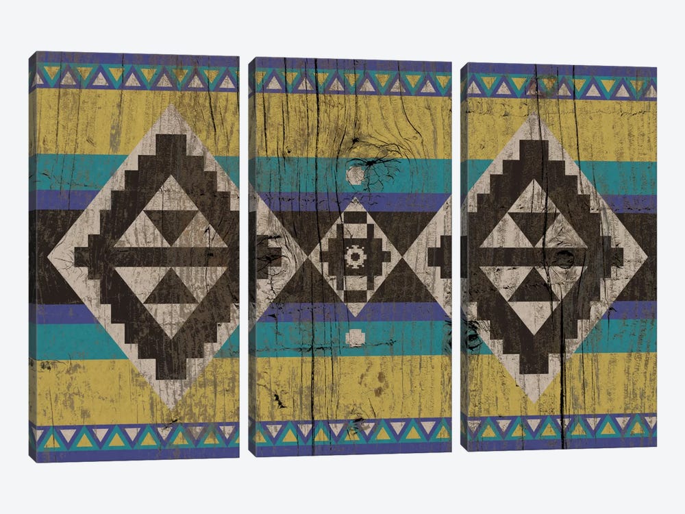 Blue & Yellow Tribal Pattern on Wood by 5by5collective 3-piece Canvas Artwork