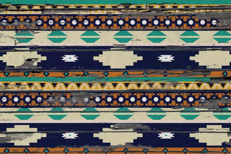 Blue, Beige & Yellow Tribal Pattern on Wood