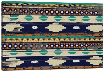 Blue, Beige & Yellow Tribal Pattern on Wood Canvas Art Print - Textiles Collection