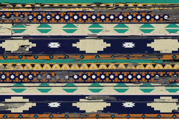 Blue, Beige & Yellow Tribal Pattern on Wood