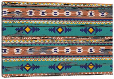 Teal & Orange Tribal Pattern on Wood Canvas Art Print - Textiles Collection
