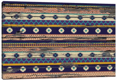 Blue, Orange & Purple Floral Tribal Pattern On Wood Canvas Art Print - Global Patterns