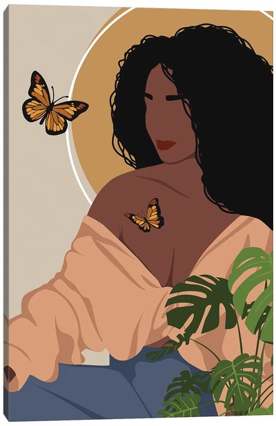 Butterfly Afro Girl Canvas Art Print - Monstera Art