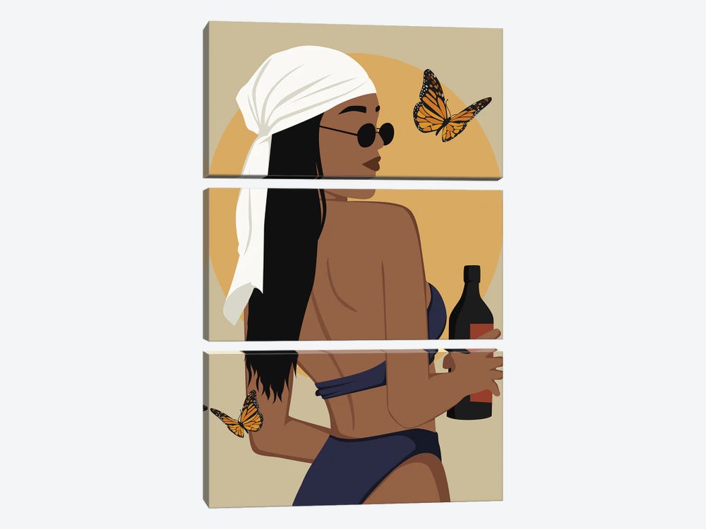 Girl In Bikini With Butterfly by Tysee Ciage 3-piece Canvas Wall Art