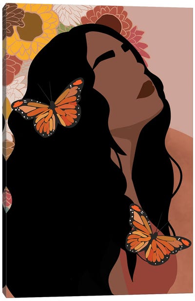 Floral Girl Butterflies Canvas Art Print - Monarch Metamorphosis