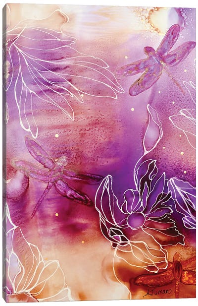 Dragonflies At Sunset Canvas Art Print - Alcohol Ink Art