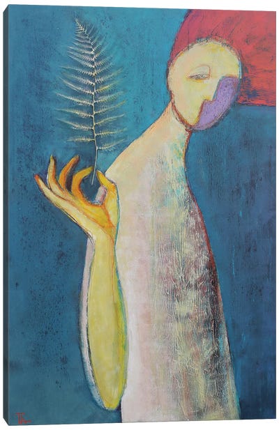 Girl With A Fern Canvas Art Print - Blue Art