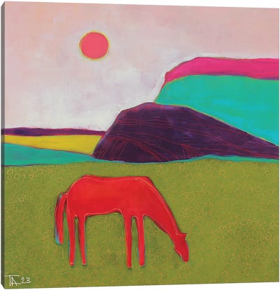 Landscape With A Red Horse Canvas Art Print - Celery