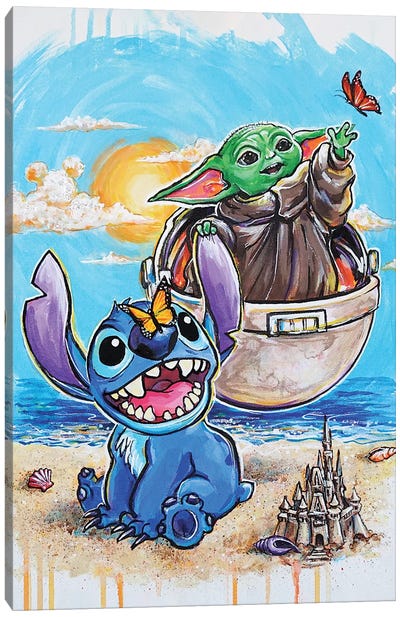 Stitch And Baby Yoda Canvas Art Print - Animated Movie Art