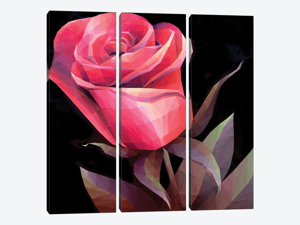 Scarlet Crystal Rose On Black Background by Maria Tuzhilkina 3-piece Canvas Wall Art