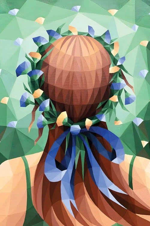 Girl With Floral Wreath With Blue Ribbon