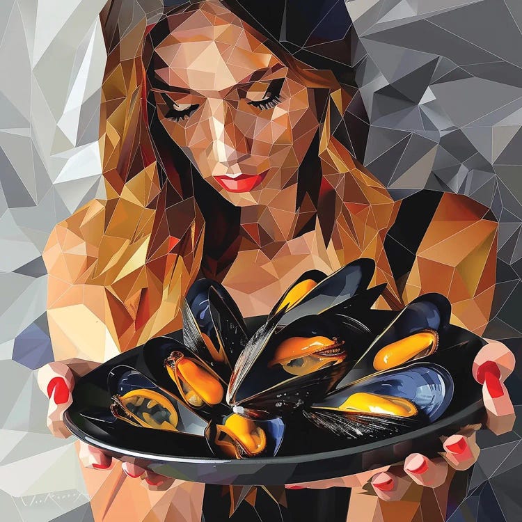 A Girl With A Plate Of Seafood, Still Life With Mussels by Maria Tuzhilkina wall art