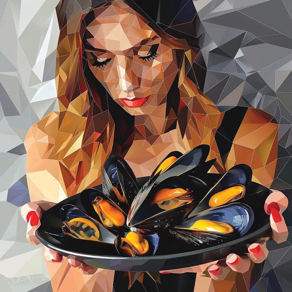 Seafood: A Girl With A Plate Of Seafood, Still Life With Mussels by Maria Tuzhilkina