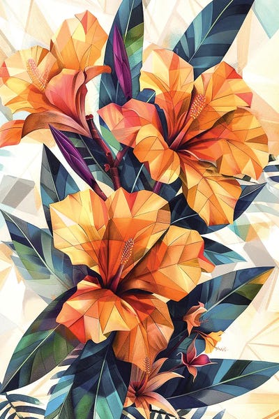 Orange Hibiscus Flowers, Tropical Landscape, Living Room Decor, Orange And Green by Maria Tuzhilkina framed wall art