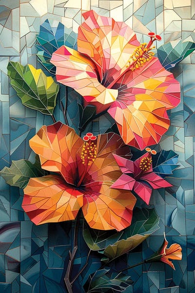 Orange Geometric Hibiscus Flowers, Tropical Landscape, Living Room Decor,