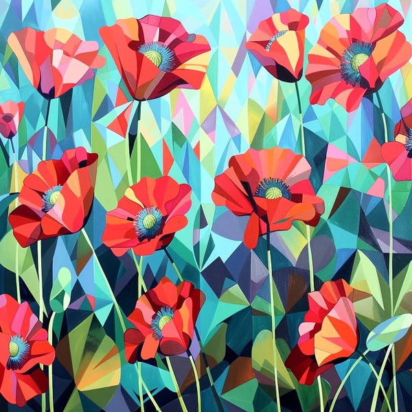 Maria Tuzhilkina: Scarlet Poppies In Green Grass, Abstract Landscape by Maria Tuzhilkina