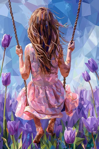 Girl On A Swing In A Poppy Field, Lilac Poppies, Abstract Landscape With Poppies