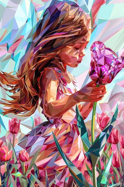 Maria Tuzhilkina: Girl With A Purple Tulip, Flower Field, Lilac Tulips, Abstract Landscape With Tulips by Maria Tuzhilkina