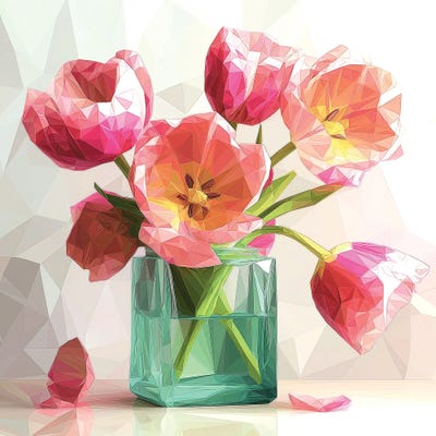 Canvas Art Prints: Pink Tulips In A Green Vase by Maria Tuzhilkina
