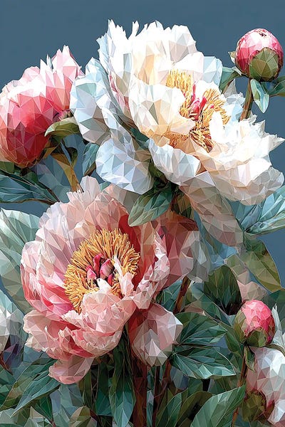 Multi Panel Art: White And Pink Peonies On A Blue Background by Maria Tuzhilkina