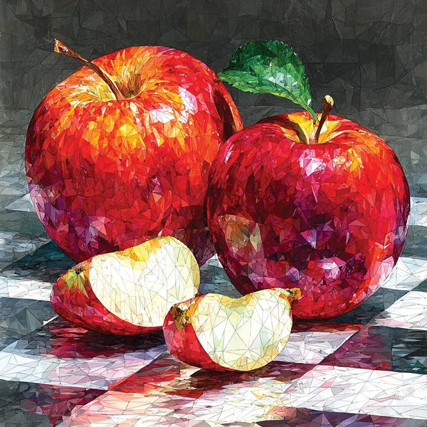 Apples: Still Life With Red Apples, Geometric Fruit On A Checkered Black And White Tablecloth, Red, White And Black by Maria Tuzhilkina