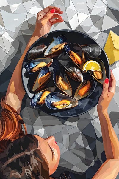 Seafood: Still Life With Mussels And Yellow Napkin by Maria Tuzhilkina