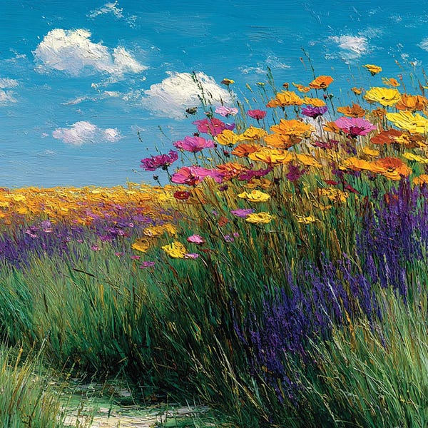 Landscape Wildflowers, Sky, Clouds, Green, Orange, Yellow And Blue, Summer Print