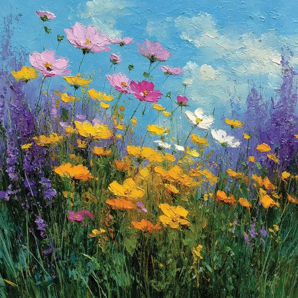 Landscape Wildflowers, Sky, Clouds, Green, Purple, Yellow And Blue, Summer Print