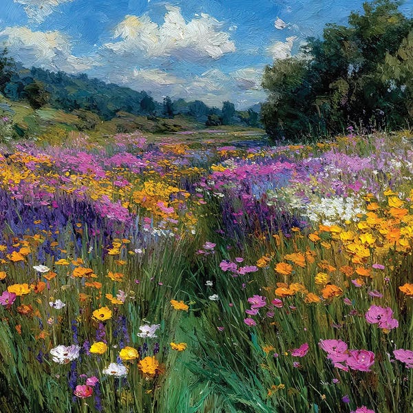 Landscape Wildflowers, Forest, Sky, Clouds, Green, Purple, Pink, Yellow And Blue, Summer Print