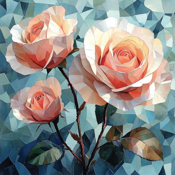 Beige Roses On A Blue Background, Geometric Flowers, White Rose Bush, Rose Print