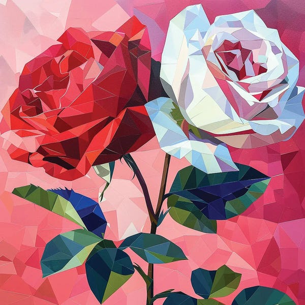Red And White Roses On A Pink Background, Geometric Flowers, Rose Print, Roses For The Office